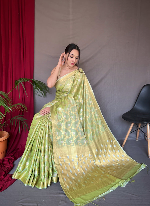 Pista Green Saree In Cotton With Rose Gold Woven Clothsvilla