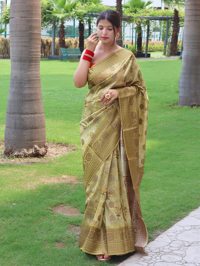 Siddhi Banarasi Silk Woven Saree with Floral Prints Green Beige Clothsvilla