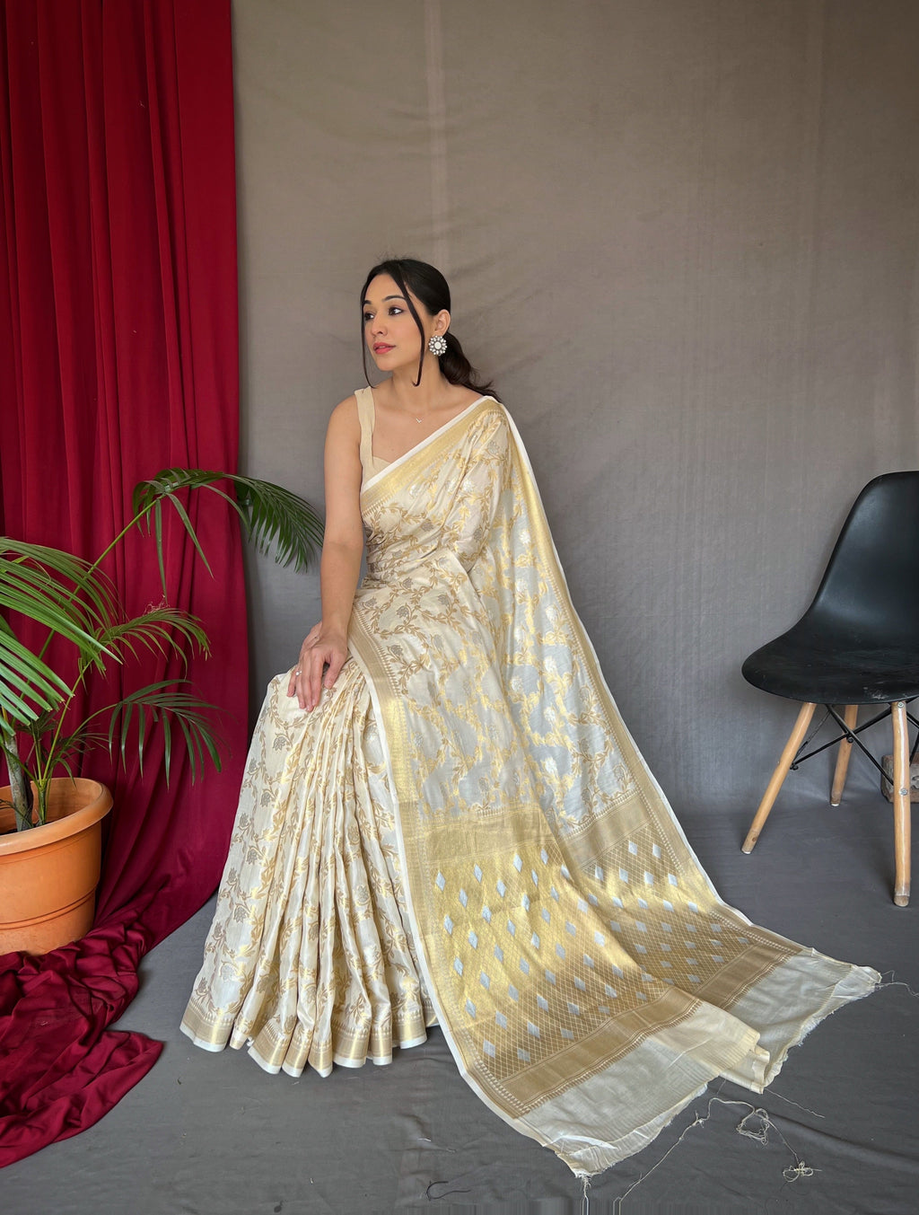 Ivory Cream Saree in Cotton With Rose Gold Woven Clothsvilla