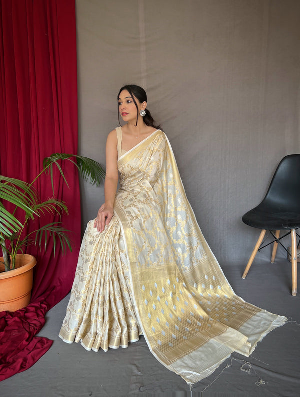 Ivory Cream Saree in Cotton With Rose Gold Woven Clothsvilla