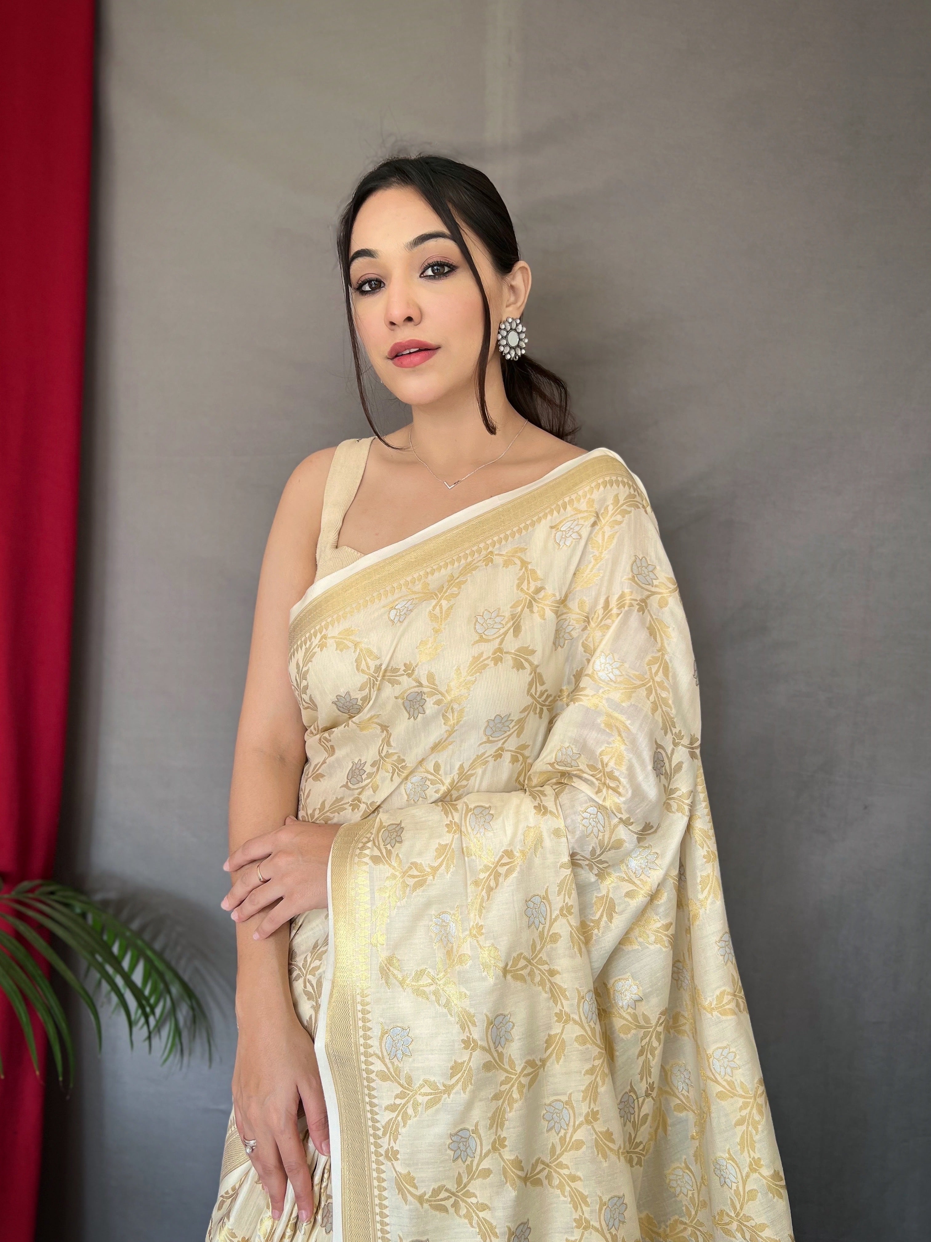 Ivory Cream Saree in Cotton With Rose Gold Woven Clothsvilla