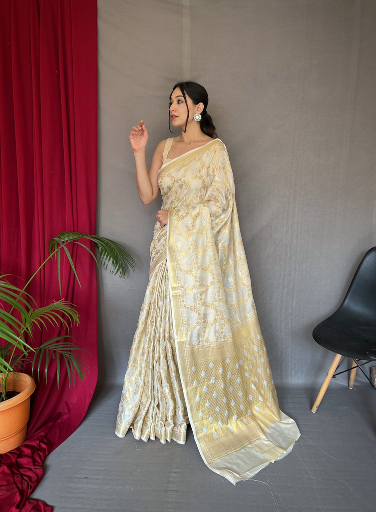 Ivory Cream Saree in Cotton With Rose Gold Woven Clothsvilla