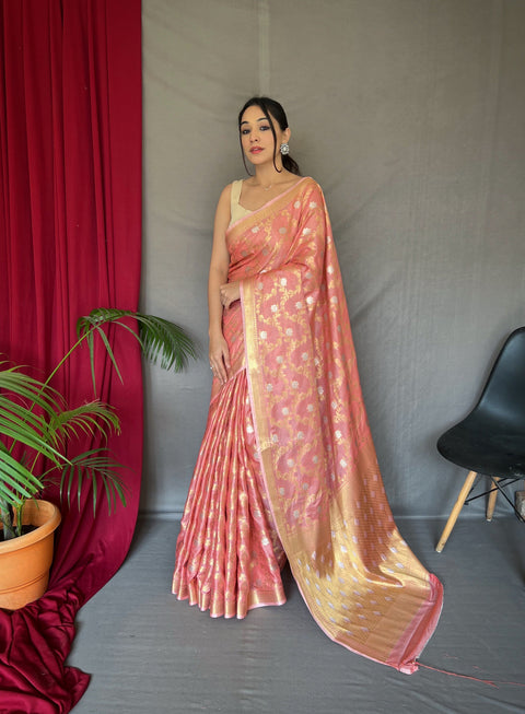 Peach Saree In Cotton With Rose Gold Woven Clothsvilla Main image