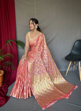 Peach Saree In Cotton With Rose Gold Woven Clothsvilla