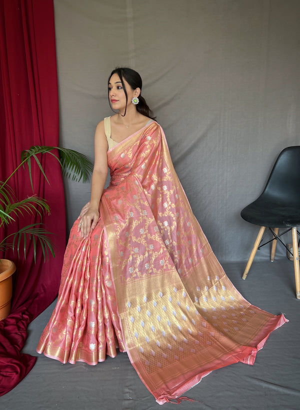 Peach Saree In Cotton With Rose Gold Woven Clothsvilla