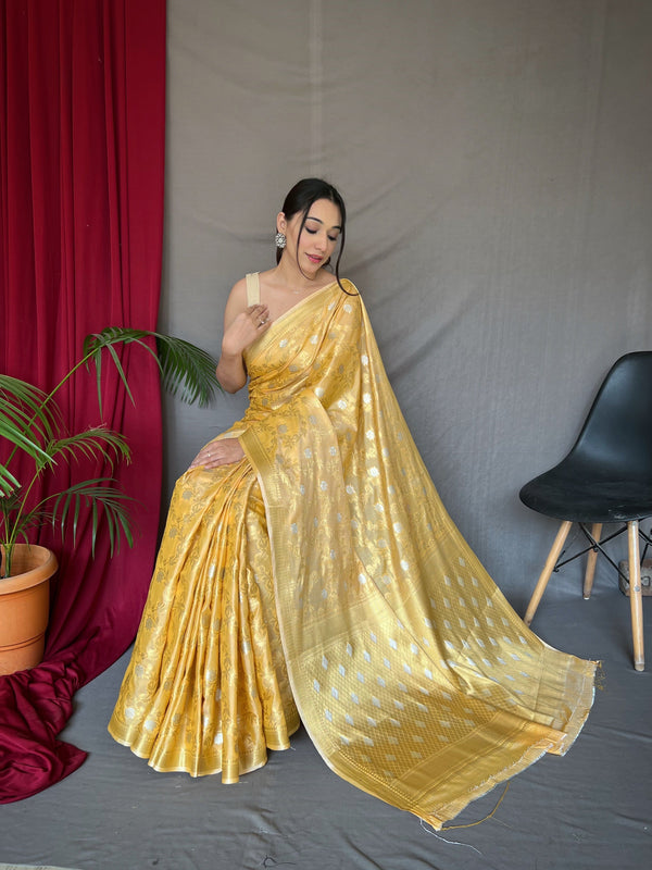 Yellow Saree In Cotton With Rose Gold Woven Clothsvilla