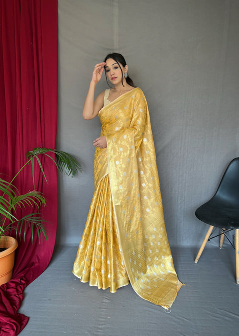 Yellow Saree In Cotton With Rose Gold Woven Clothsvilla Main image