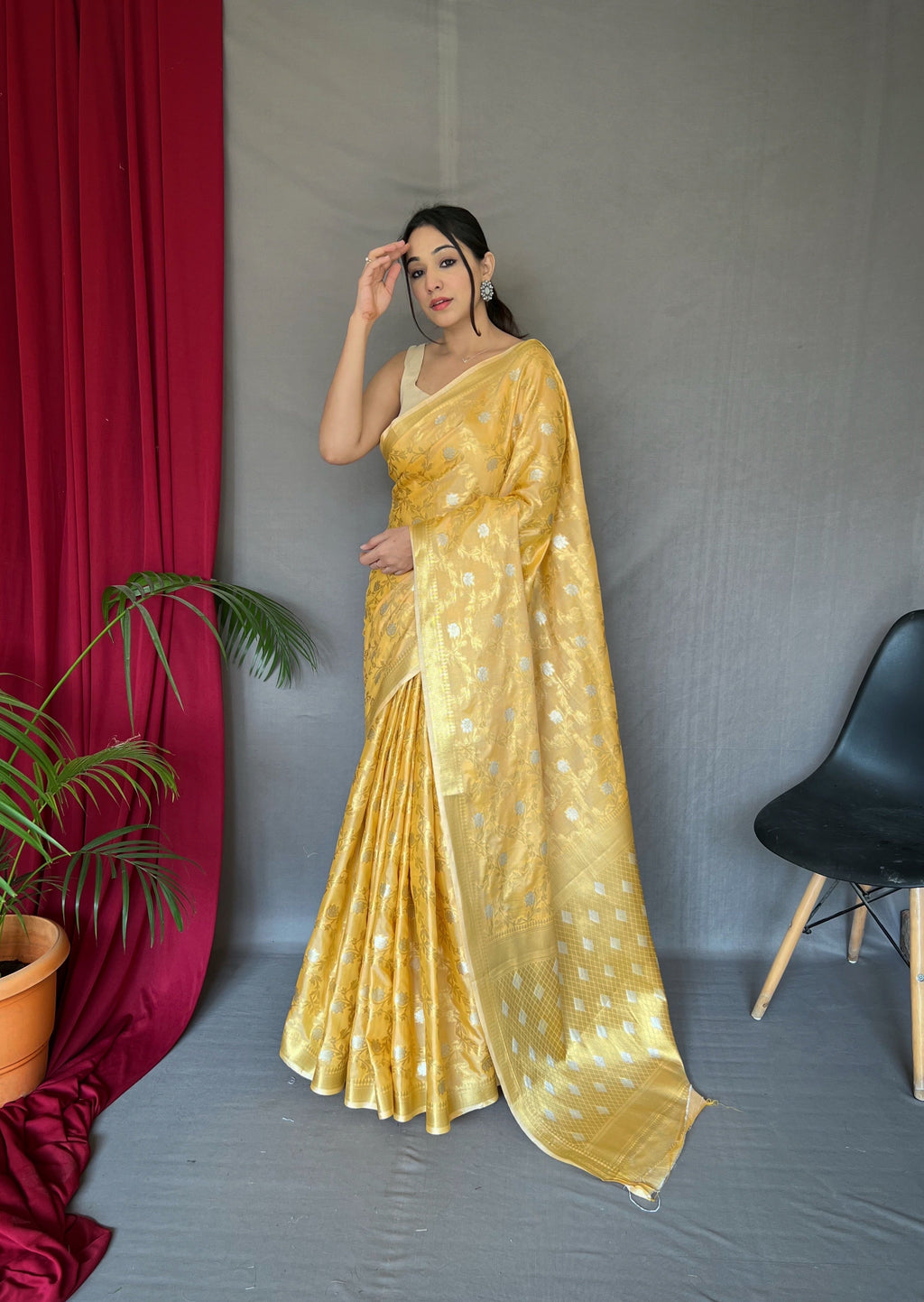 Yellow Saree In Cotton With Rose Gold Woven Clothsvilla