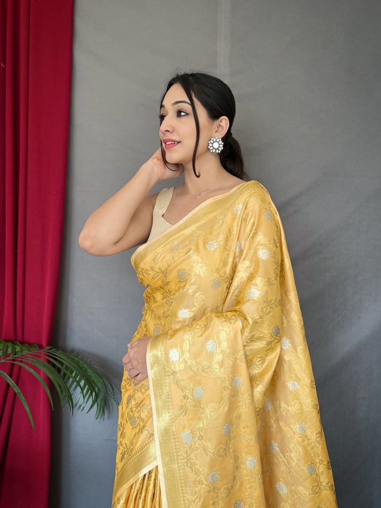 Yellow Saree In Cotton With Rose Gold Woven Clothsvilla