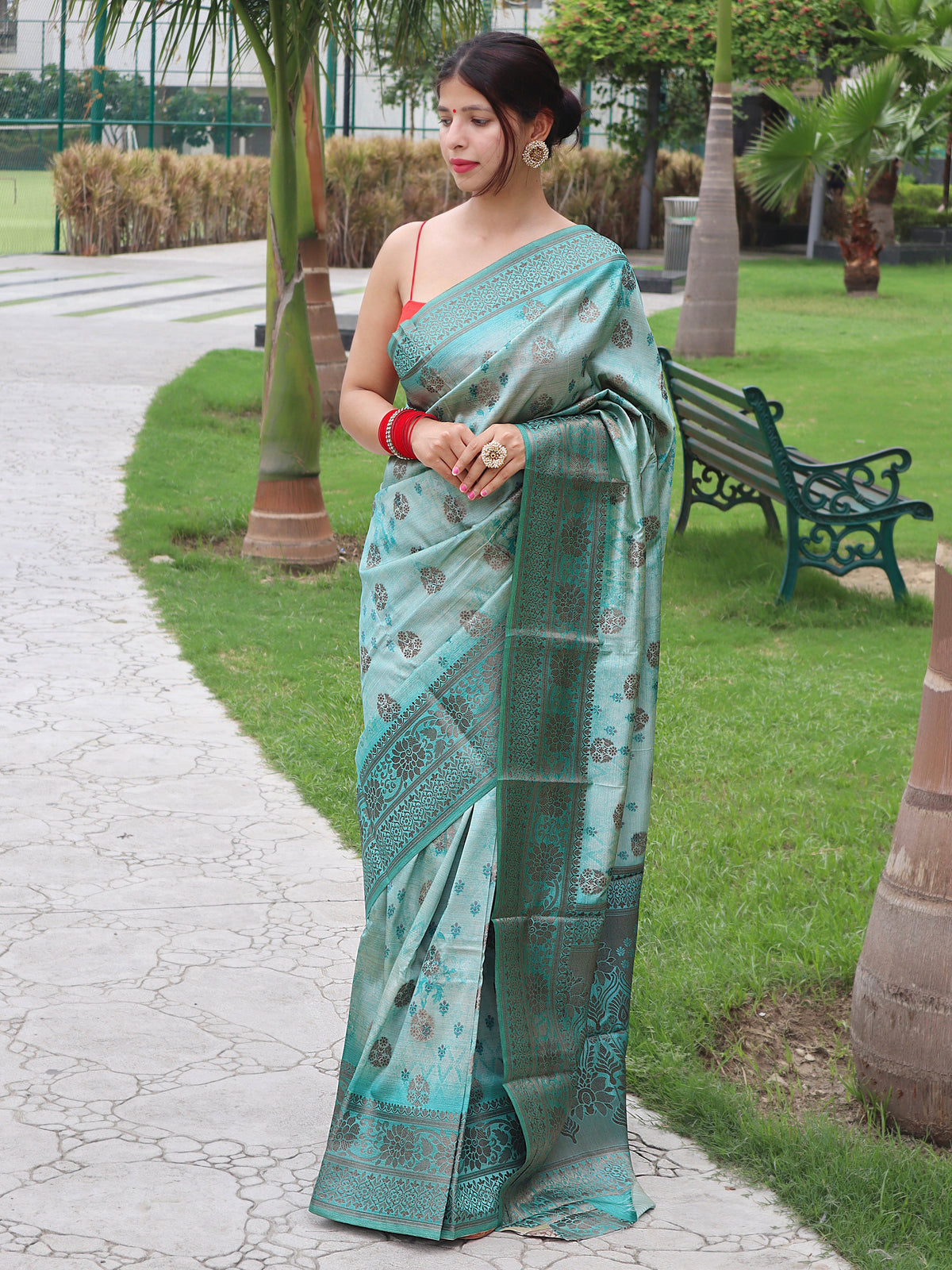Siddhi Banarasi Silk Woven Saree with Floral Prints Fountain Blue Clothsvilla Main image