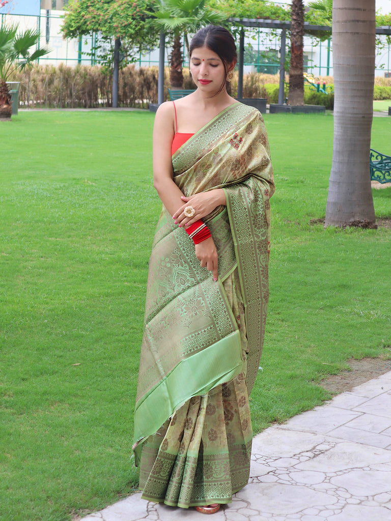 Siddhi Banarasi Silk Woven Saree with Floral Prints Laurel Green Clothsvilla