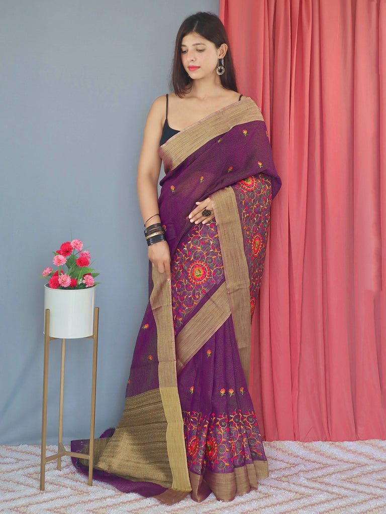 Cotton Linen Multicolor Threadwork Embroidered Saree Plum Purple Clothsvilla