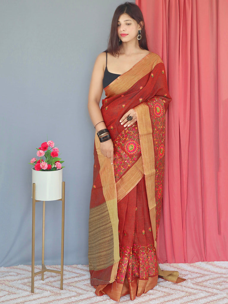 Cotton Linen Multicolor Threadwork Embroidered Saree Red Brown Clothsvilla