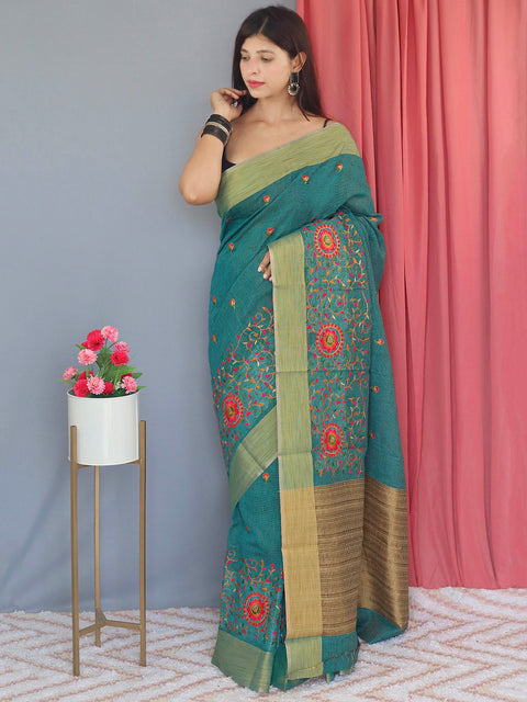 Cotton Linen Multicolor Threadwork Embroidered Saree Greenish Blue Clothsvilla Main image