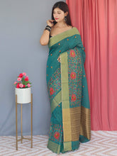 Load image into Gallery viewer, Cotton Linen Multicolor Threadwork Embroidered Saree Greenish Blue Clothsvilla