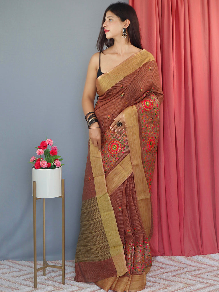 Cotton Linen Multicolor Threadwork Embroidered Saree Sanguine Brown Clothsvilla