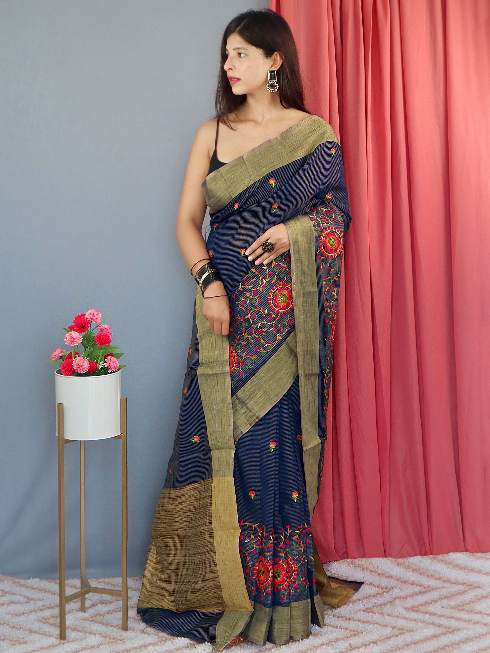 Cotton Linen Multicolor Threadwork Embroidered Saree Dark Blue Clothsvilla