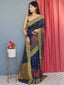 Cotton Linen Multicolor Threadwork Embroidered Saree Dark Blue Clothsvilla