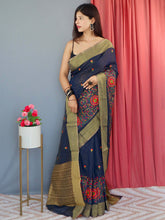 Load image into Gallery viewer, Cotton Linen Multicolor Threadwork Embroidered Saree Dark Blue Clothsvilla