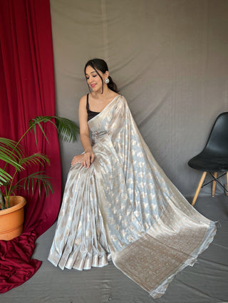 Pastel Silver Saree in Tabby Soft Silk Woven Clothsvilla