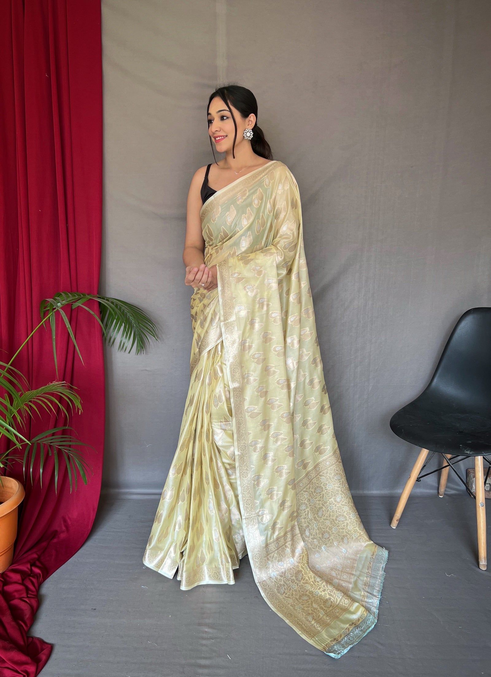 Pastel Yellow Saree in Tabby Soft Silk Woven Clothsvilla