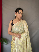 Load image into Gallery viewer, Pastel Yellow Saree in Tabby Soft Silk Woven Clothsvilla