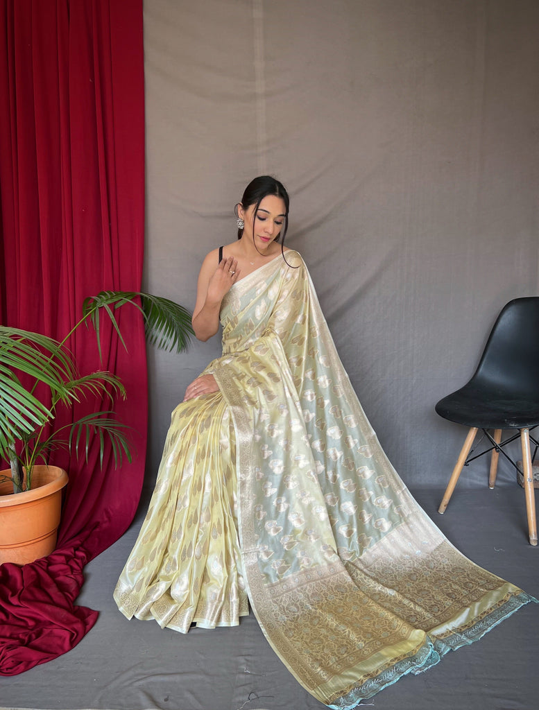 Pastel Yellow Saree in Tabby Soft Silk Woven Clothsvilla