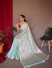 Load image into Gallery viewer, Powder Blue Saree in Tabby Soft Silk Woven Clothsvilla