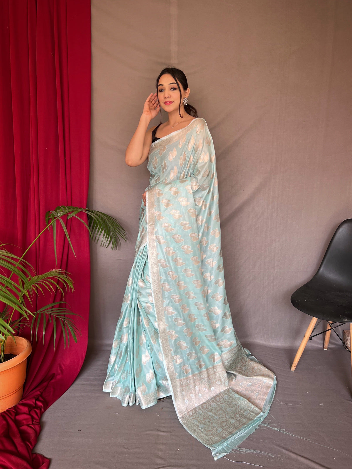 Powder Blue Saree in Tabby Soft Silk Woven Clothsvilla Main image