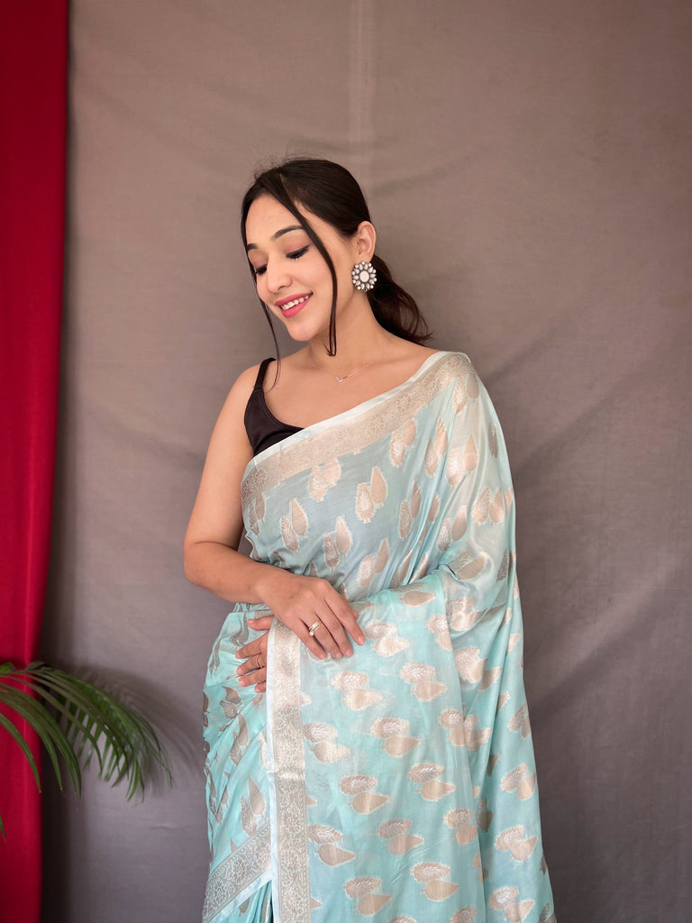 Powder Blue Saree in Tabby Soft Silk Woven Clothsvilla