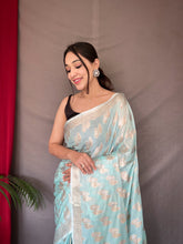 Load image into Gallery viewer, Powder Blue Saree in Tabby Soft Silk Woven Clothsvilla