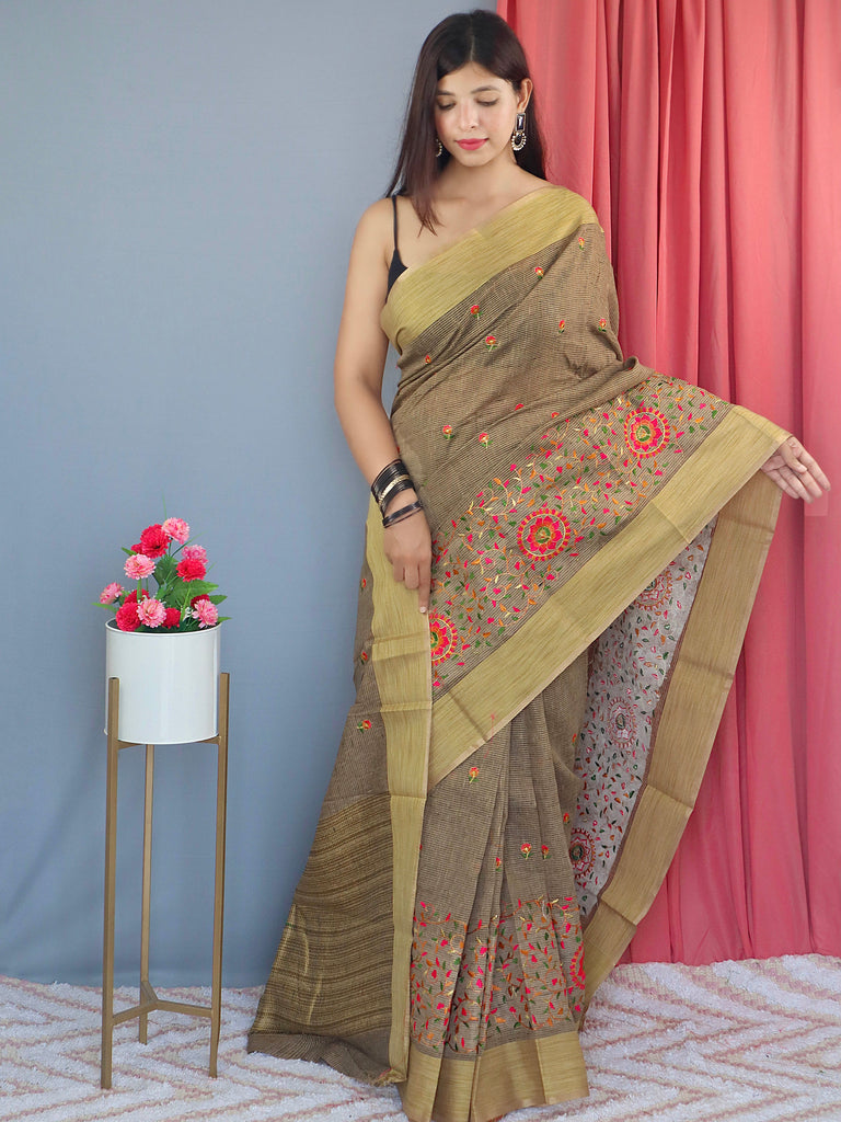 Cotton Linen Multicolor Threadwork Embroidered Saree Khaki Brown Clothsvilla