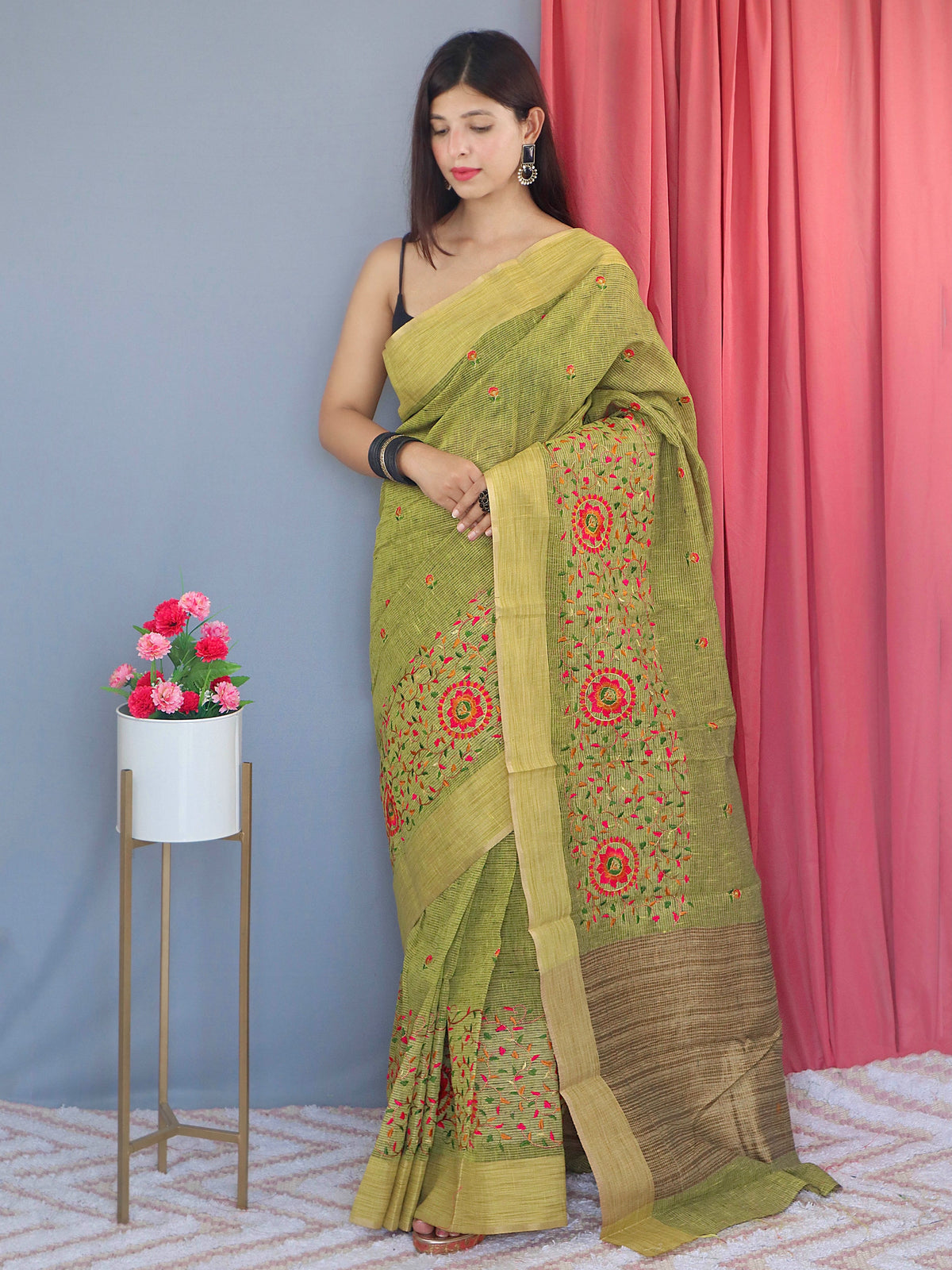 Cotton Linen Multicolor Threadwork Embroidered Saree Khaki Green Clothsvilla Main image