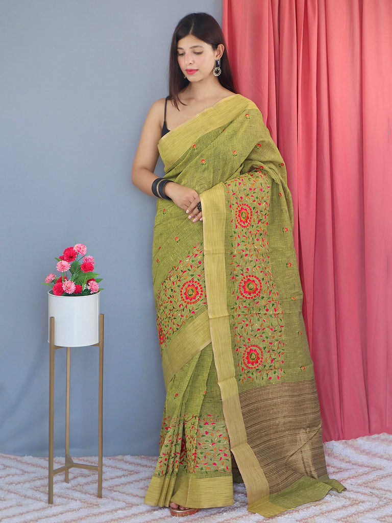 Cotton Linen Multicolor Threadwork Embroidered Saree Khaki Green Clothsvilla