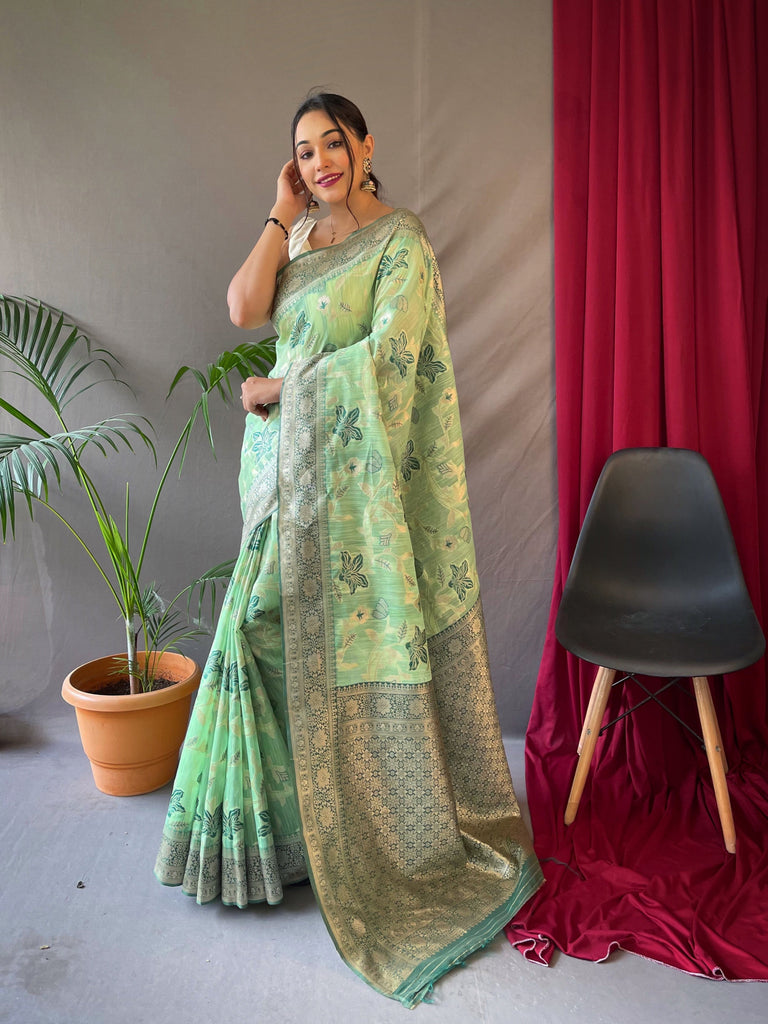 Mogra Cotton Linen Slub Jaal Woven Saree Thistle Green Clothsvilla
