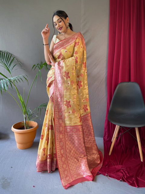 Mogra Cotton Linen Slub Jaal Woven Saree Yellow Clothsvilla Main image