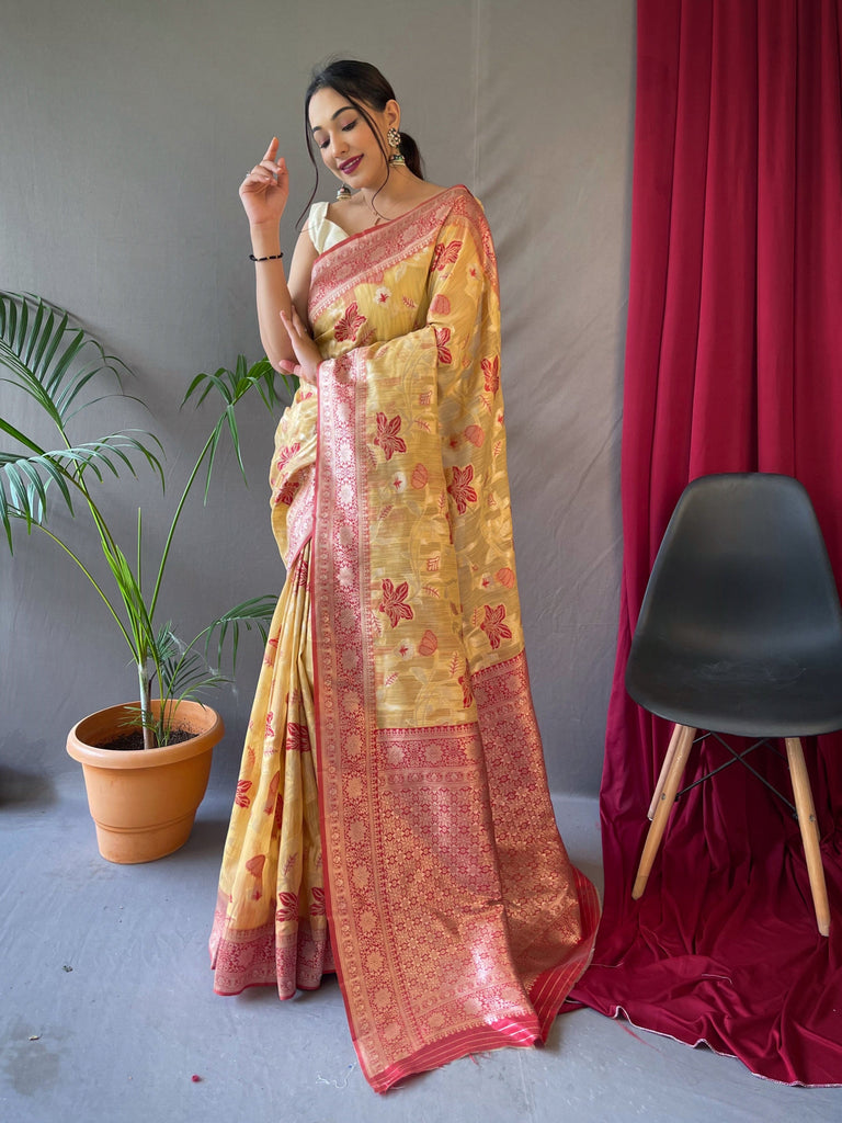 Mogra Cotton Linen Slub Jaal Woven Saree Yellow Clothsvilla