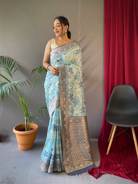 Mogra Cotton Linen Slub Jaal Woven Saree Powder Blue Clothsvilla Main image