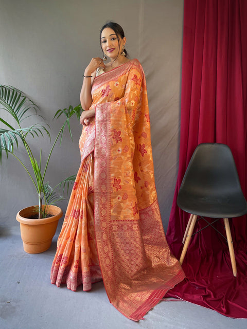 Mogra Cotton Linen Slub Jaal Woven Saree Pastel Orange Clothsvilla Main image