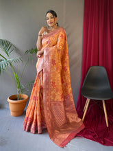 Load image into Gallery viewer, Mogra Cotton Linen Slub Jaal Woven Saree Pastel Orange Clothsvilla