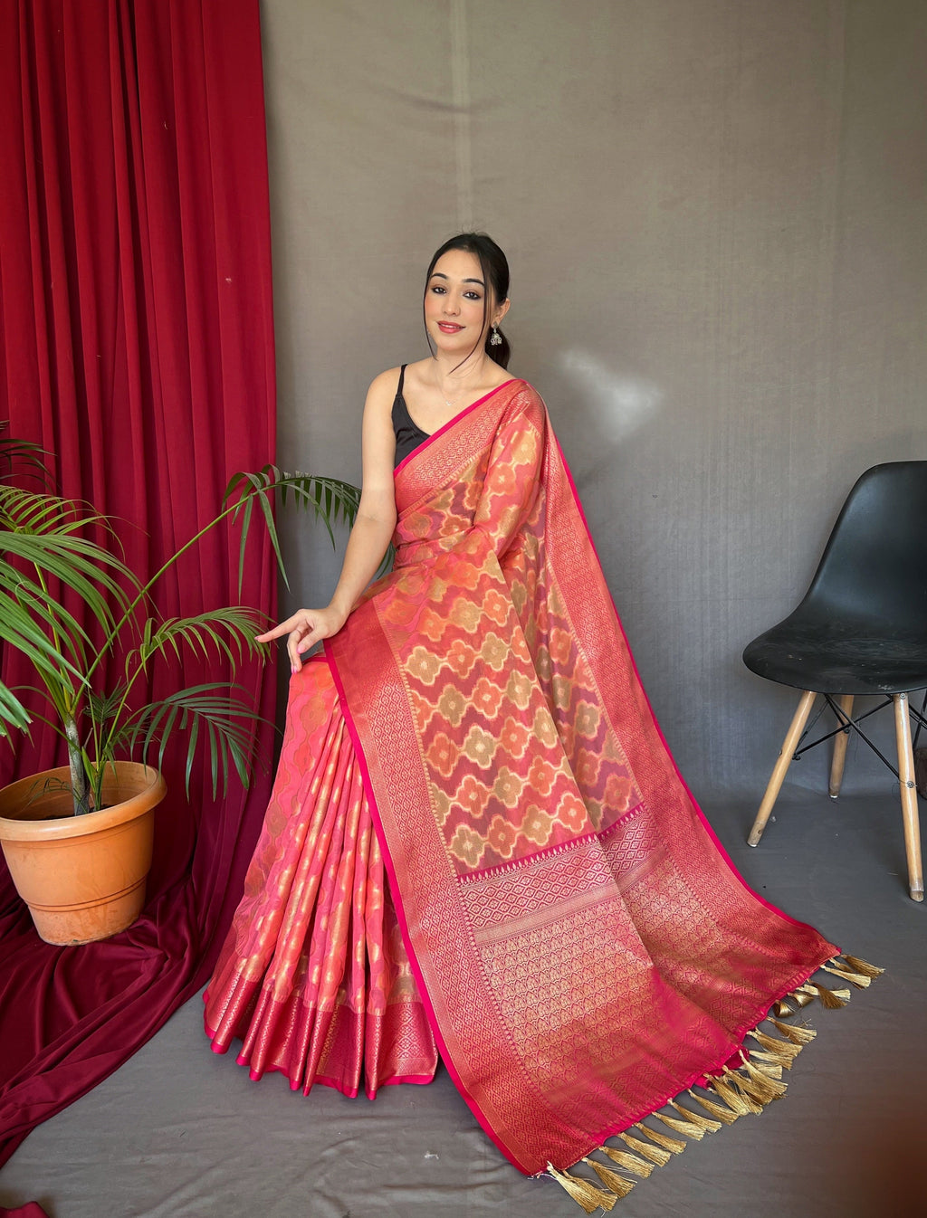 Rangkart Vol. 1 Organza Contrast Woven Saree Dark Peach Clothsvilla