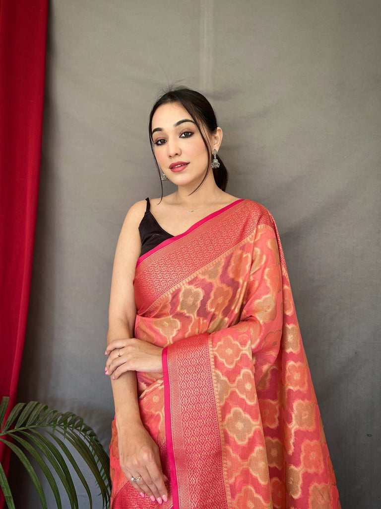 Rangkart Vol. 1 Organza Contrast Woven Saree Dark Peach Clothsvilla