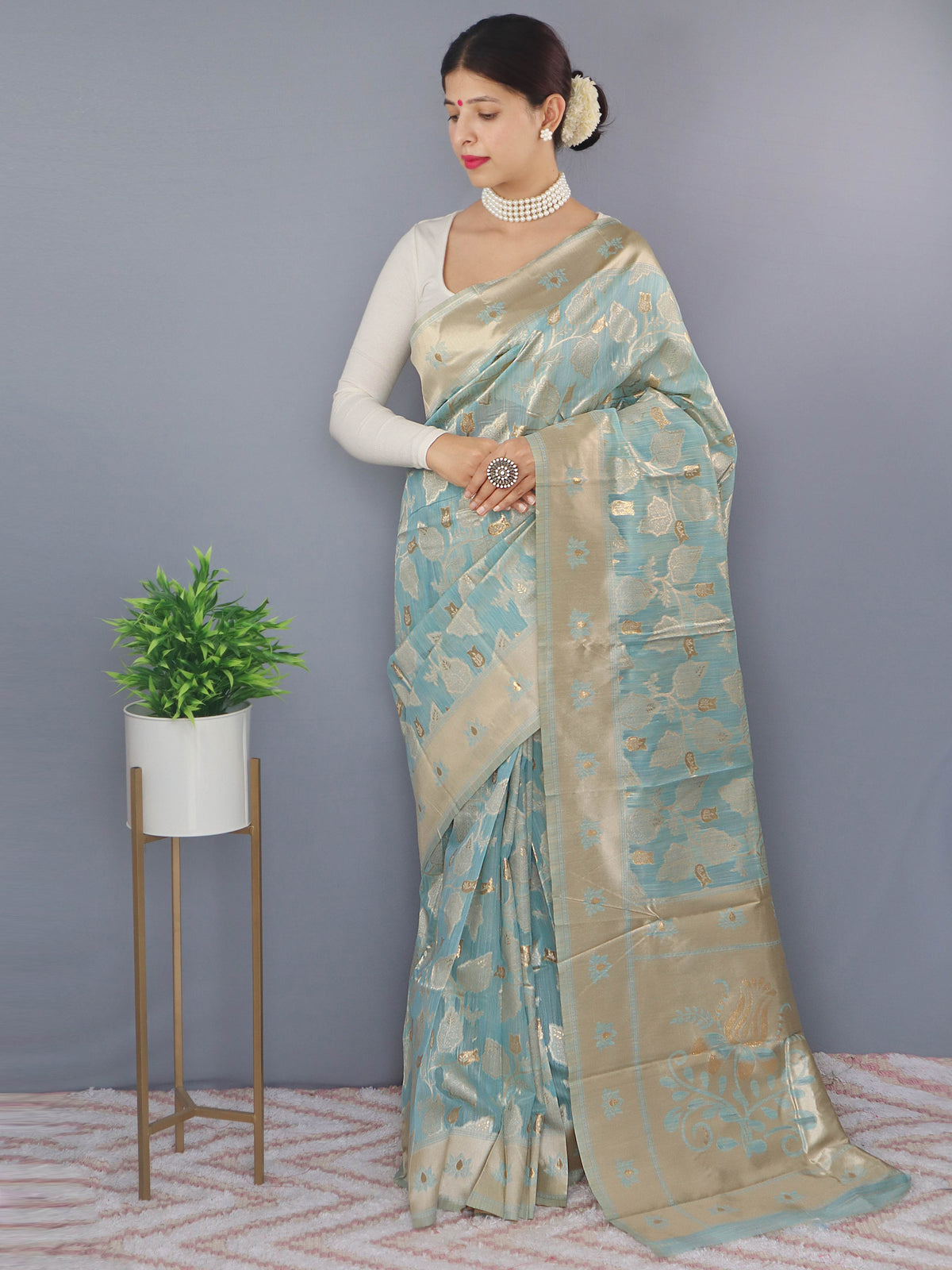 Lotus Cotton Linen Slub Jaal Woven Saree Powder Blue Clothsvilla Main image