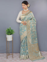 Load image into Gallery viewer, Lotus Cotton Linen Slub Jaal Woven Saree Powder Blue Clothsvilla