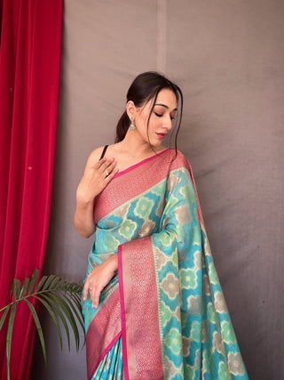 Rangkart Vol. 1 Organza Contrast Woven Saree Blue Clothsvilla