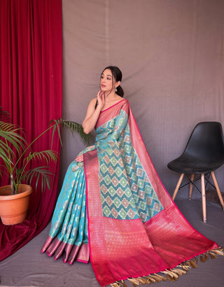 Rangkart Vol. 1 Organza Contrast Woven Saree Blue Clothsvilla