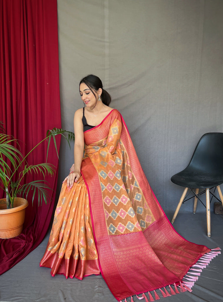 Rangkart Vol. 1 Organza Contrast Woven Saree Pastel Orange Clothsvilla