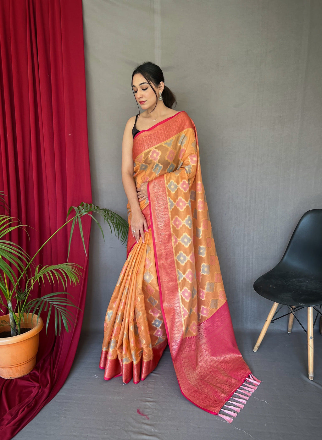 Rangkart Vol. 1 Organza Contrast Woven Saree Pastel Orange Clothsvilla