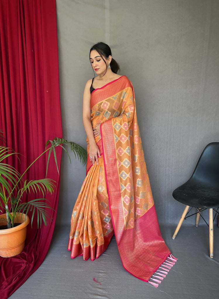 Traditional Look Orange Color Art Silk Fabric Weaving Work Kasta Style Saree  With Contrast Blouse