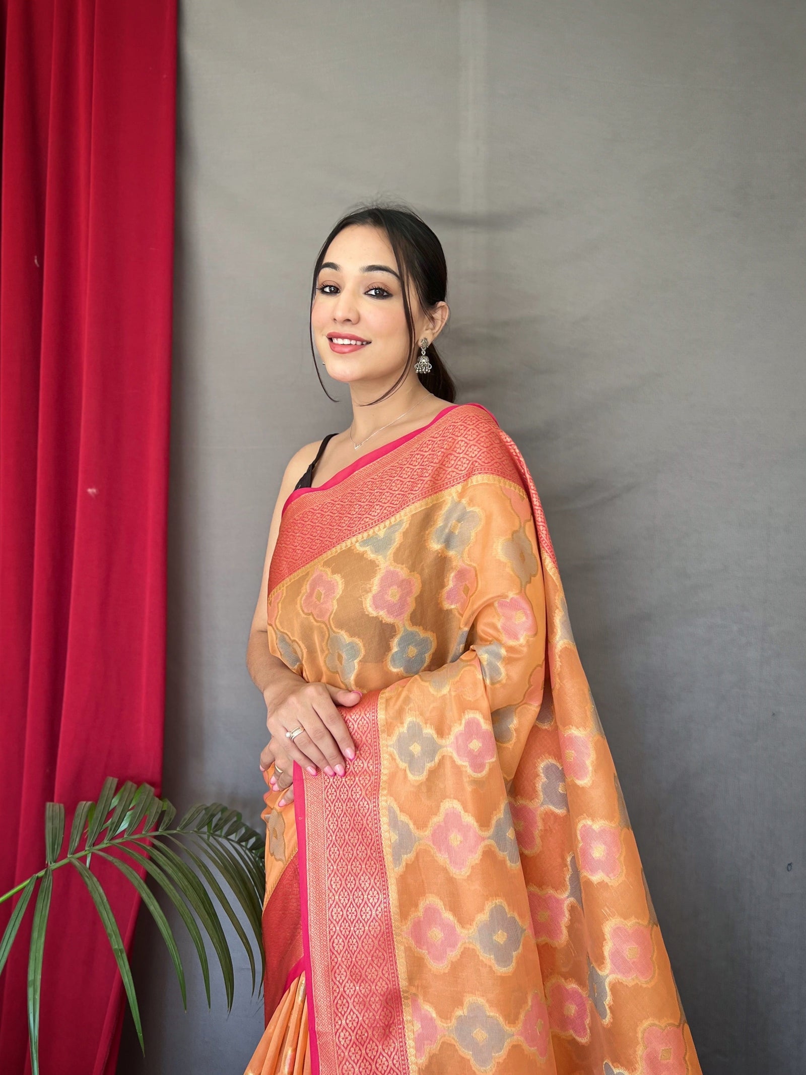 Rangkart Vol. 1 Organza Contrast Woven Saree Pastel Orange Clothsvilla